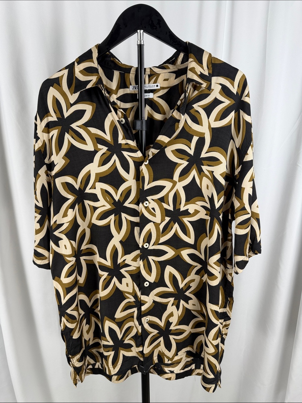 Zara Men’s Medium Floral Button-Up Shirt Black Brown Cream Regular Fit